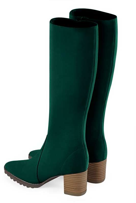 Forest green women's riding knee-high boots. Round toe. Medium block heels. Made to measure. Rear view - Florence KOOIJMAN